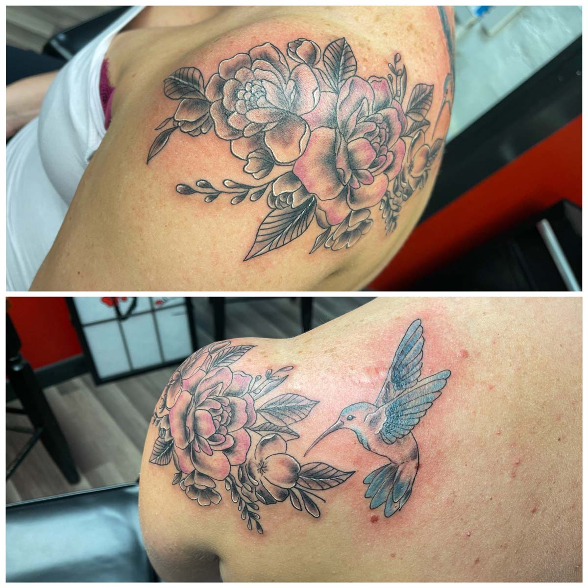 Flowers and Hummingbird Tattoo